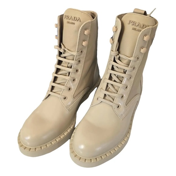 Authentic Prada Women's Beige Lace-Up Combat Boots - Picture 1 of 12